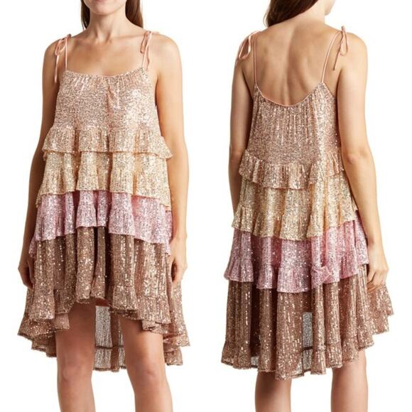 Area Stars Colorblock Dress Sequin Tiered Trapeze Swing Mini Multi NWT Small - Picture 1 of 6